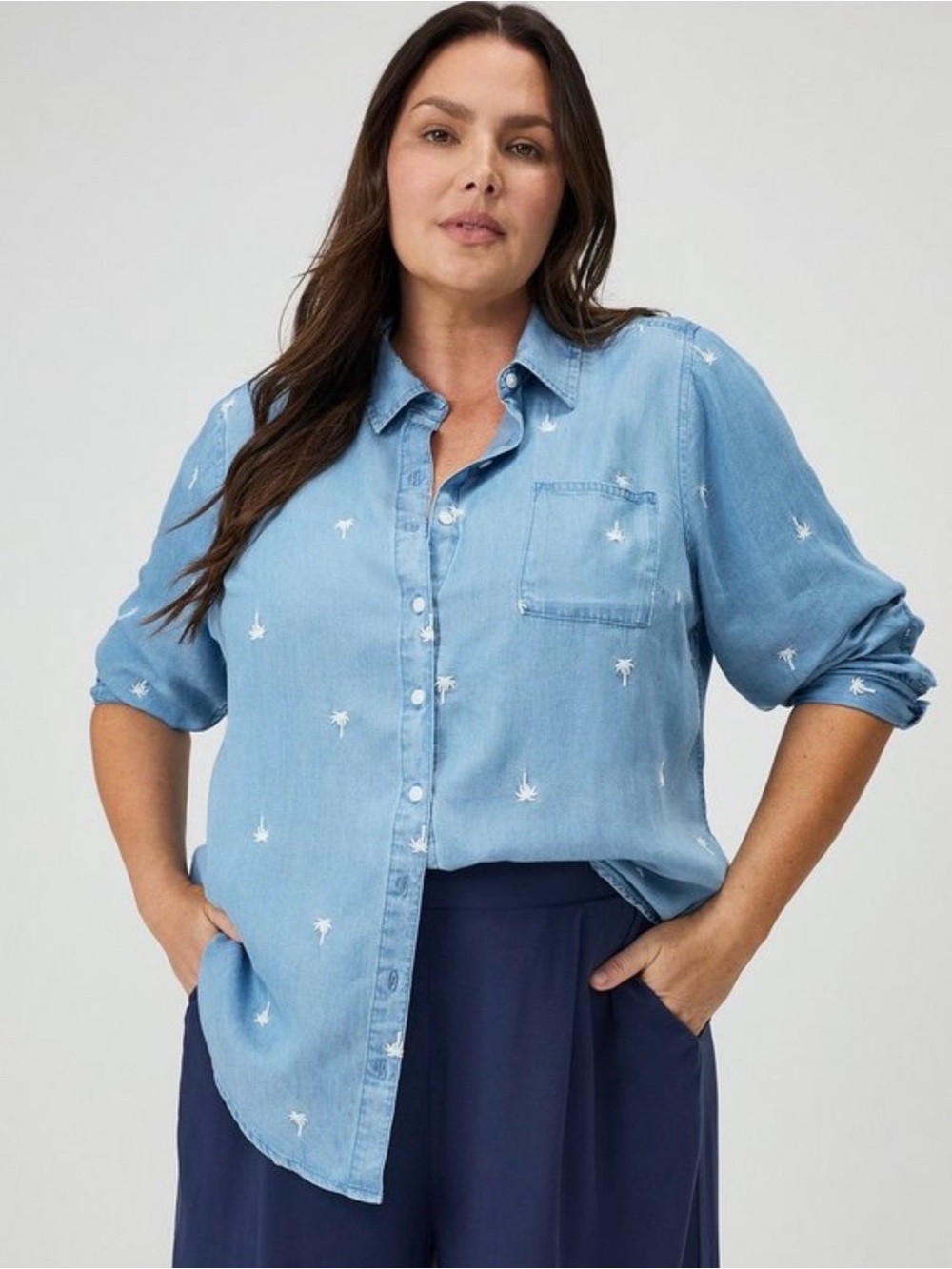 Torrid Light Blue Embroidered Button-Down Shirt